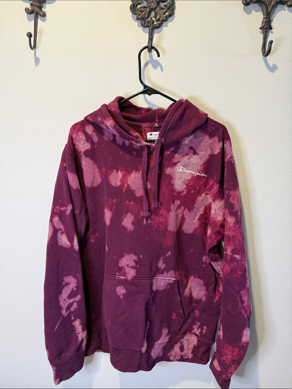 Champion Maroon & Pink Tie-Dye Crewneck Hoodie